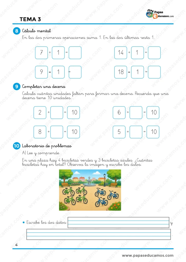 Ejercicios de Matemáticas de 1.º de Primaria de cálculo mental, completar una decena y comenzar a resolver un problema sencillo de suma con bicicletas.