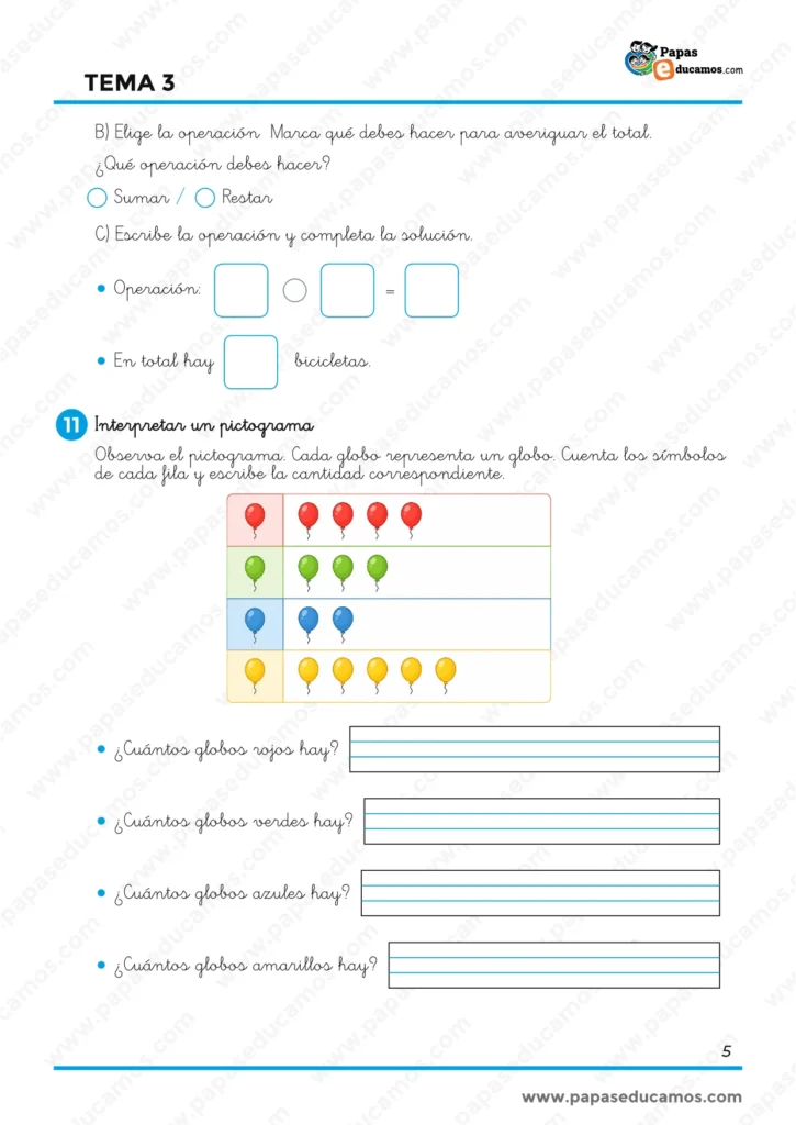 Ejercicios de Matemáticas de 1.º de Primaria para completar la resolución de un problema e interpretar un pictograma de globos de diferentes colores.