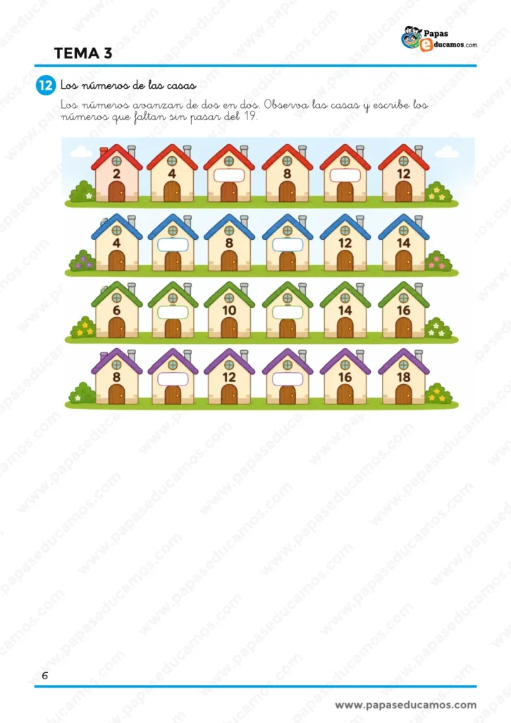 Ejercicios de Matemáticas de 1.º de Primaria para completar series numéricas de casas avanzando de dos en dos hasta el número 19.