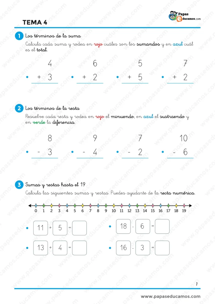 Ejercicios de Matemáticas Tema 4 de 1.º de Primaria para identificar los términos de la suma y la resta y resolver operaciones hasta el 19 con ayuda de la recta numérica.
