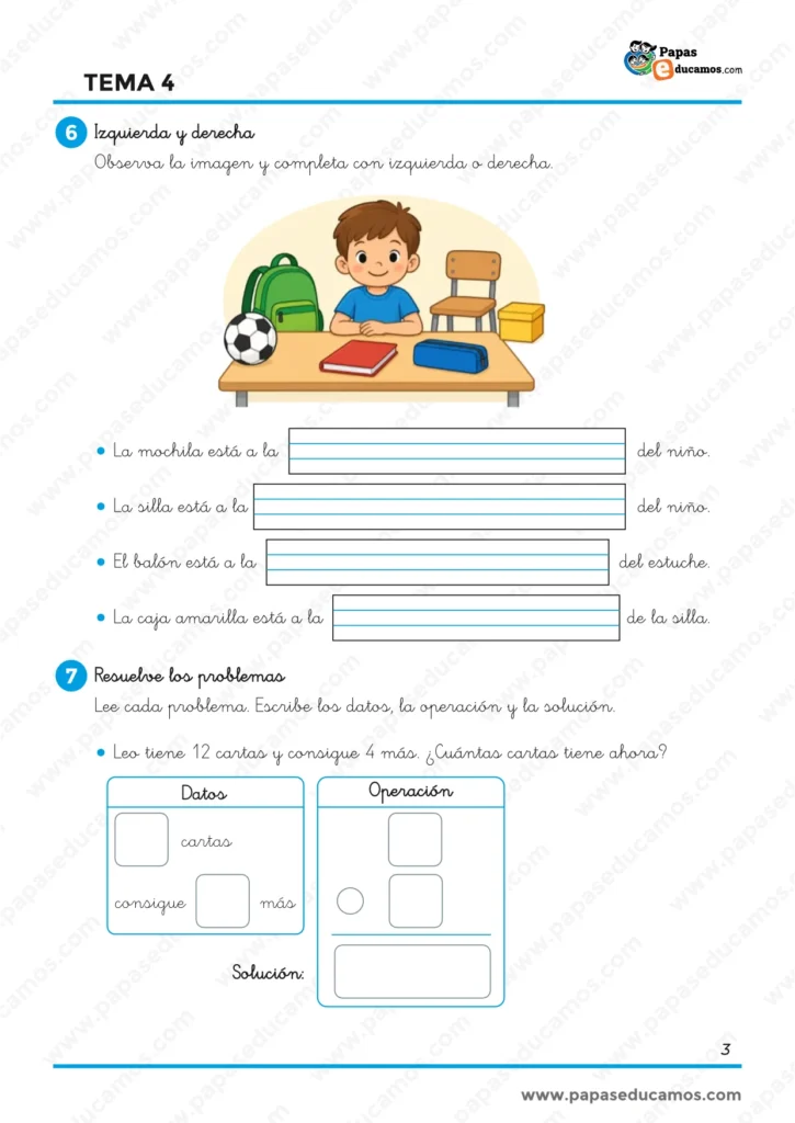 Ejercicios de Matemáticas de 1.º de Primaria sobre izquierda y derecha y resolución de un problema sencillo identificando datos, operación y solución.