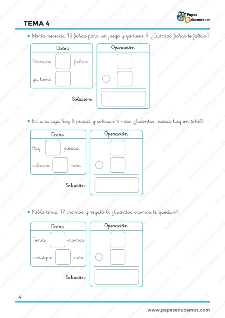 Ejercicios de Matemáticas de 1.º de Primaria para resolver problemas de suma y resta a partir de situaciones con fichas, piezas y cromos.