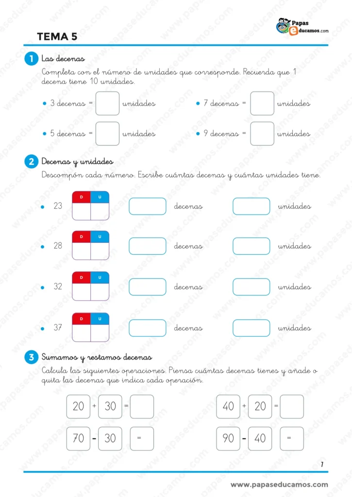 Ejercicios de Matemáticas Tema 5 de 1.º de Primaria sobre decenas, descomposición de números en decenas y unidades y sumas y restas de decenas completas.