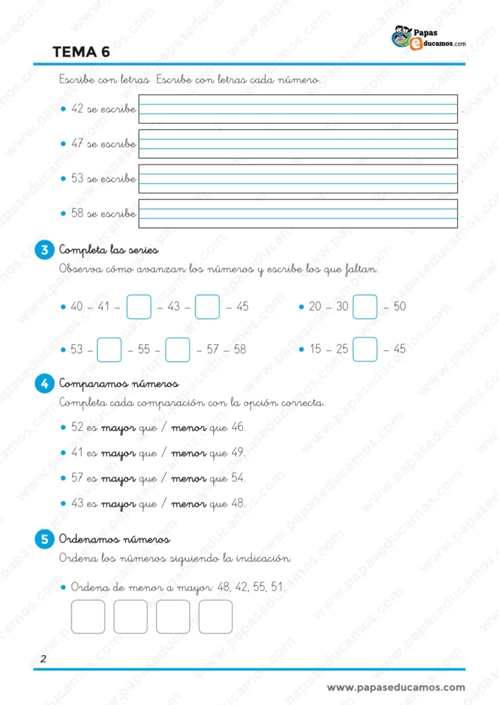 Ejercicios de Matemáticas de 1.º de Primaria para escribir números con letras, completar series, comparar números y ordenarlos de menor a mayor.