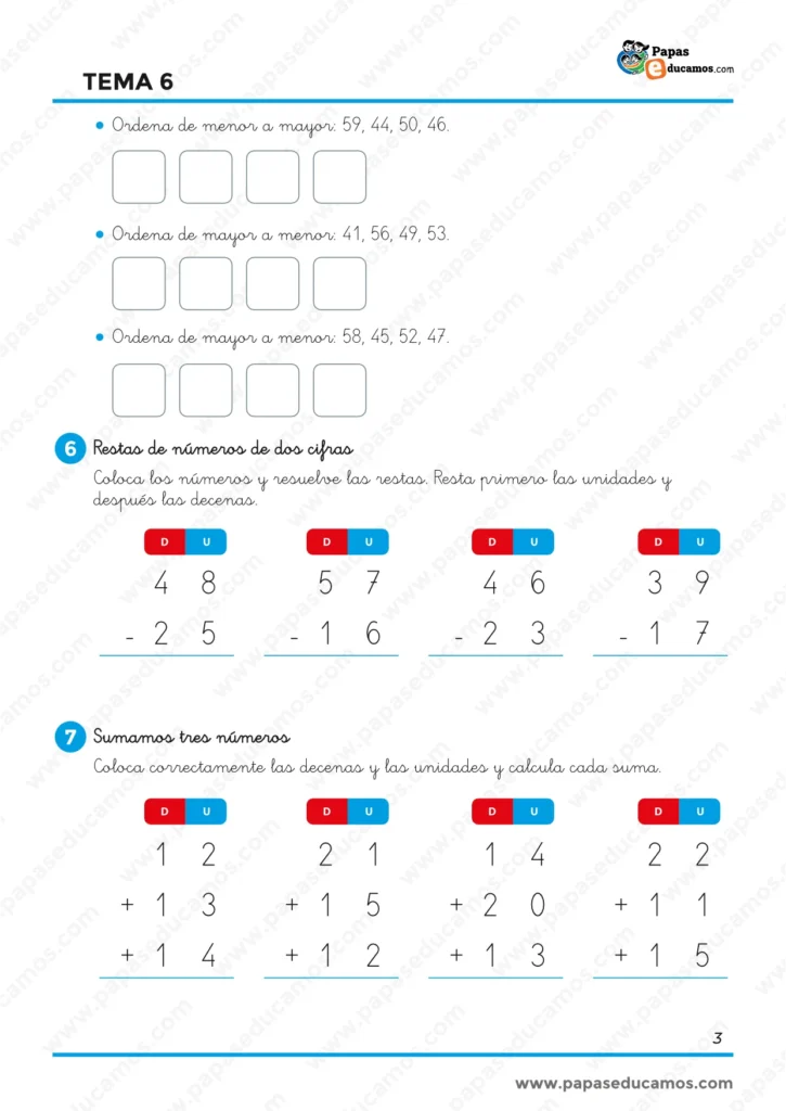 Ejercicios de Matemáticas de 1.º de Primaria para ordenar números, resolver restas de dos cifras y realizar sumas de tres números.