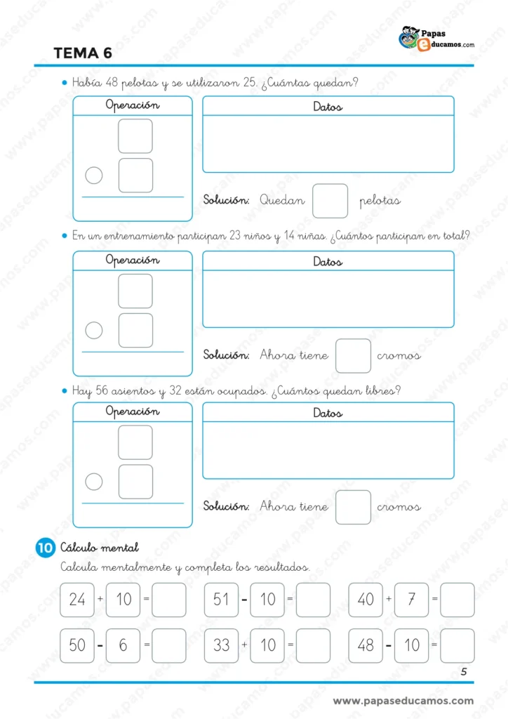 Ejercicios de Matemáticas de 1.º de Primaria con problemas de suma y resta y actividades de cálculo mental con números de dos cifras.