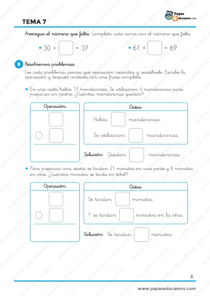 Ejercicios de Matemáticas de 1.º de Primaria para completar sumas con el número que falta y resolver problemas de resta y suma relacionados con cantidades y tiempo.
