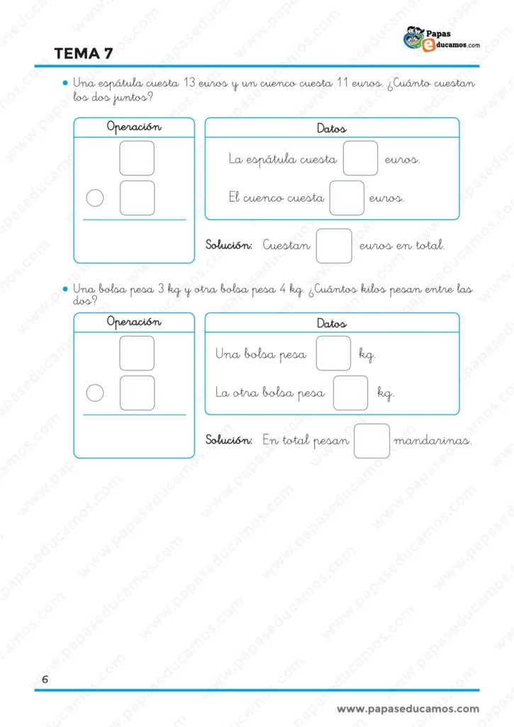 Problemas de Matemáticas de 1.º de Primaria sobre dinero y peso, con identificación de datos, elección de la operación y escritura de la solución.