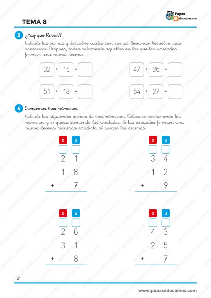 Ejercicios de Matemáticas de 1.º de Primaria para identificar sumas con llevadas y realizar sumas de tres números formando nuevas decenas cuando sea necesario.