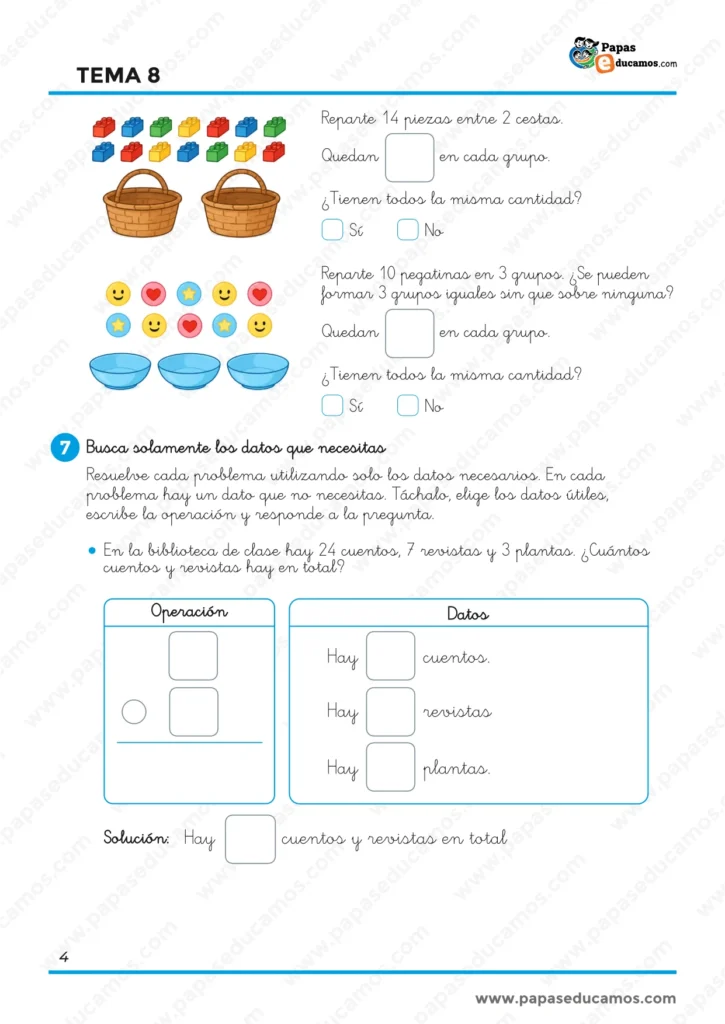 Ejercicios de Matemáticas de 1.º de Primaria para repartir objetos en grupos iguales y resolver un problema seleccionando únicamente los datos necesarios.