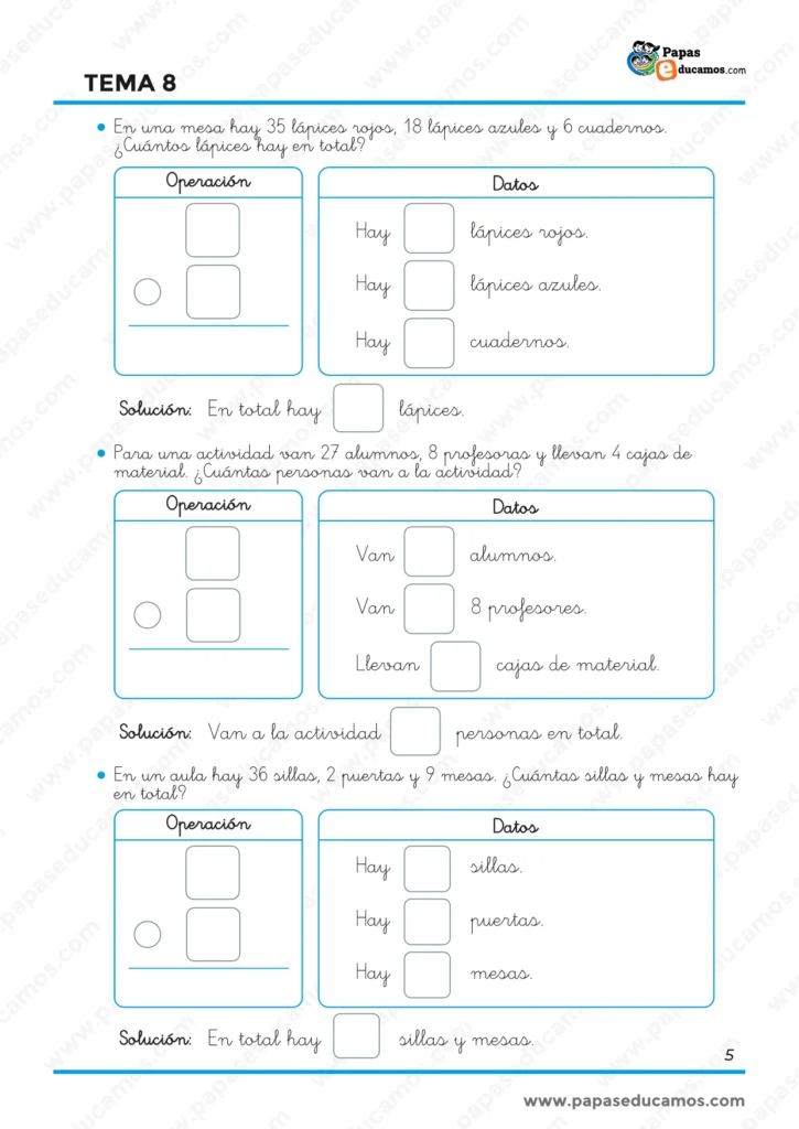Problemas de Matemáticas de 1.º de Primaria para distinguir datos útiles e innecesarios y calcular cantidades totales de lápices, personas, sillas y mesas.