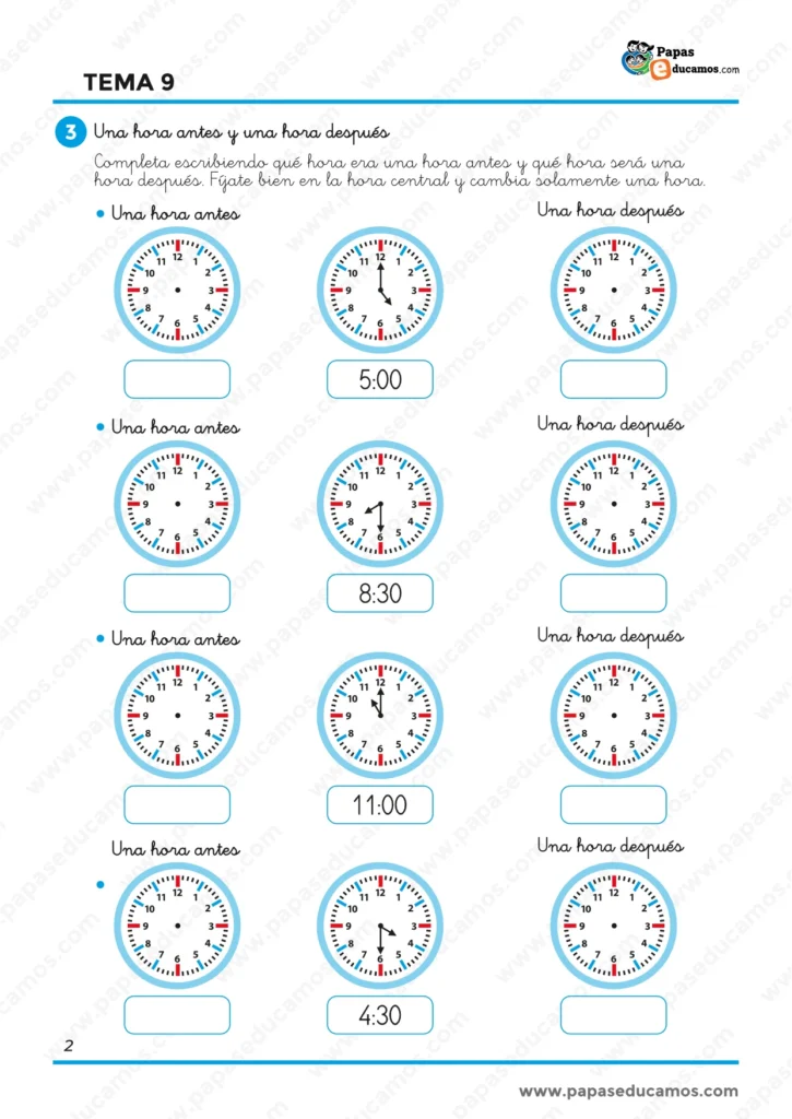 Ejercicios de Matemáticas de 1.º de Primaria para calcular una hora antes y una hora después a partir de diferentes horas en punto y medias horas.