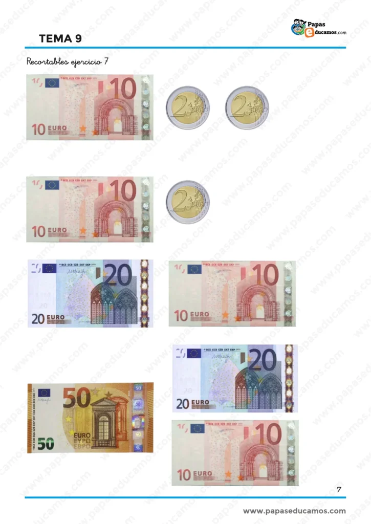 Recortables de Matemáticas de 1.º de Primaria con billetes y monedas de euro para utilizar como apoyo en las actividades de dinero del tema.